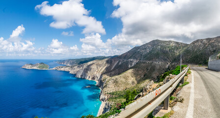 Plakat Road side photo the exotic sea at the paradise beach of Myrtos in Lefkada Greece