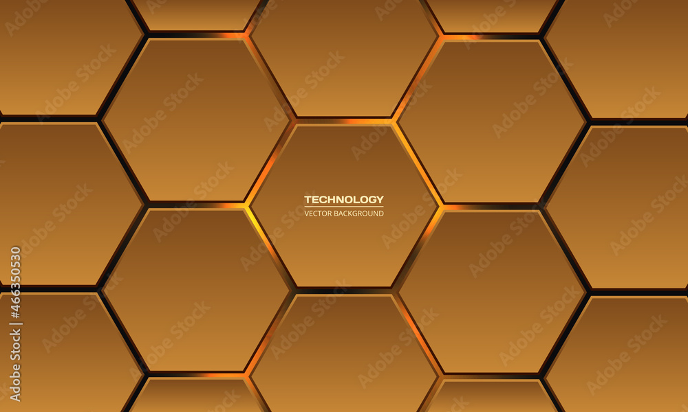 Aufkleber Gold 3d hexagonal technology vector abstract background. Yellow bright energy flashes under hexagon in modern technology futuristic background vector illustration. Orange honeycomb texture grid.