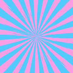 Pop art radial colorful comics book magazine cover. Striped blue and pink digital background. Cartoon funny retro pattern strip mock up. Vector halftone illustration. Sunburst, starburst shape
