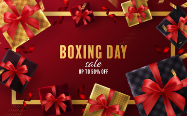 Boxing day sale or black friday shopping concept design of red, gold, black, boxing gloves holding for happy time with decorative elements cut style on color Background. 