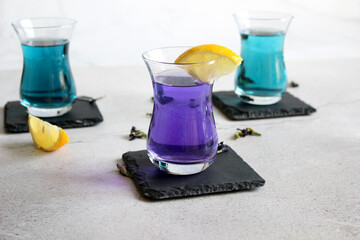 Healthy drinks, organic blue butterfly pea flower tea background copy space top view