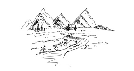 Rural landscape with  mountains, alpine meadow. Vector illustration. Sketch.
