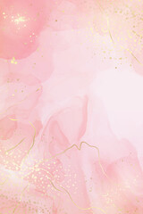 Pastel rose pink liquid watercolor background with golden cracks. Blush marble alcohol ink drawing effect. Vector illustration design template for wedding invitation, menu, rsvp