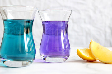 Healthy drinks, organic blue butterfly pea flower tea background copy space top view