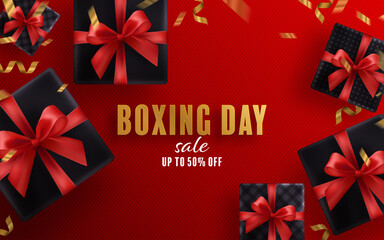 Fototapeta na wymiar Boxing day sale or black friday shopping concept design of red, gold, black, boxing gloves holding for happy time with decorative elements cut style on color Background. 