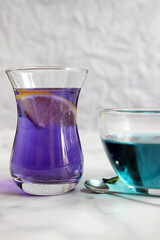 Healthy drinks, organic blue butterfly pea flower tea background copy space top view