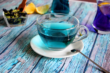 Healthy drinks, organic blue butterfly pea flower tea background copy space top view