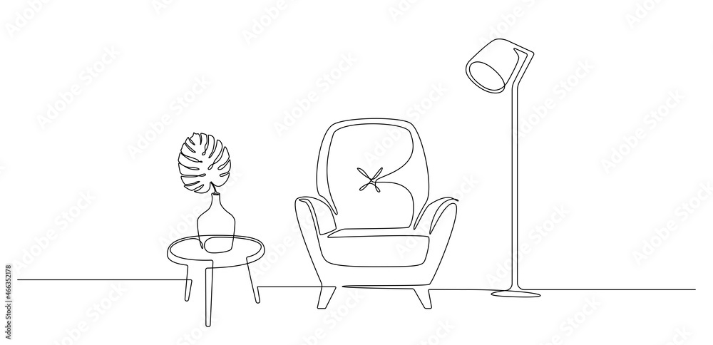 Poster continuous one line drawing of armchair and loft lamp and table with vase and monstera leaf. scandin