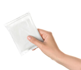 Female hand with menstrual pad on white background