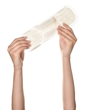 Female hands with menstrual pad on white background