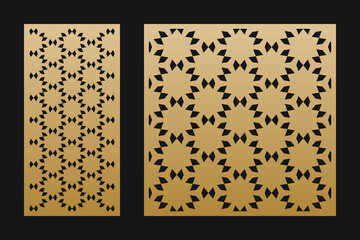 Laser cut panel design. Vector pattern with elegant grid, abstract geometric ornaments, floral silhouettes. Template for cnc cutting, decorative panels of wood, metal, paper. Aspect ratio 1:2, 1:1
