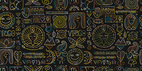 Virgo Zodiac Sign. Seamless pattern with design elements