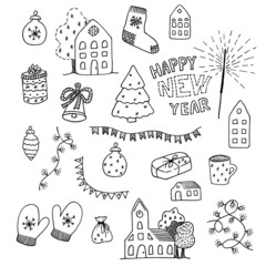 Christmas and Happy New Year doodle set. Hand drawn doodles. Winter time doodles. Black on a white background.