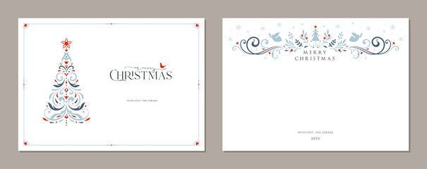 Merry and Bright Horizontal Holiday cards. Christmas, Holiday templates with greetings, Christmas Tree, bird, ornate banner or header and copy space.