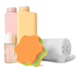 Obraz na płótnie Canvas Bottles of cosmetic products, bath sponge and towel on white background