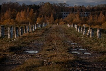 country road in an autumn field with concrete pillars and puddles