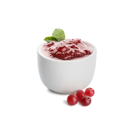 Bowl of tasty cranberry jam on white background