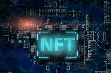 NFT on chip of circuit for selling unique collectibles of artwork. NFT Non fungible token crypto art concept. Future of art market in blockchain.