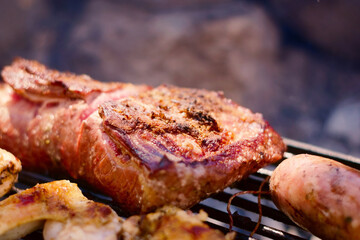 Argentinian asado. Juicy red meat and chicken wings getting roasted over a grill. Close up.
