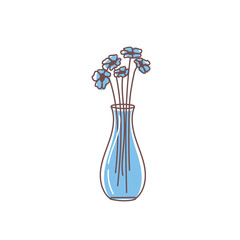 Cute vase with garden blooming flowers. Hand-drawn flat vector illustration. The bouquet with blue flowers on white background.