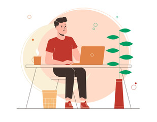 Illustration of a young man sitting at the table, working remotely or online, in the office or at home, freelance working, studying. Flat vector design