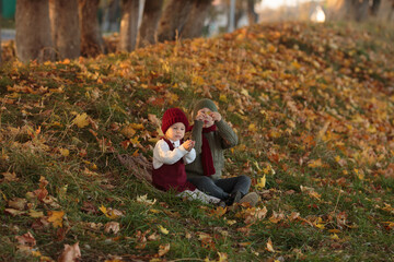 brother and sister are sitting next to each other in the fall, the boy shows two candies to the camera
