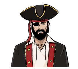 Hand drawn Vector illustration of pirate. Vector sketch style illustration, isolated on white background.