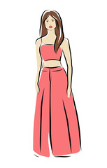 A girl in a coral-colored summer costume. Fashion illustration