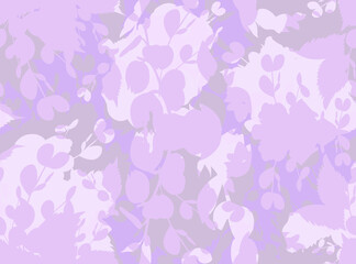 Fototapeta na wymiar Floral pattern in lilac shades with herbs and flowers. Layered botanical texture. Modern bright summer spring motif in purple tones for textiles and surface design