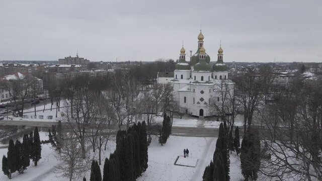Air view from a drone to the city of Nizhyn in Chernihiv in winter