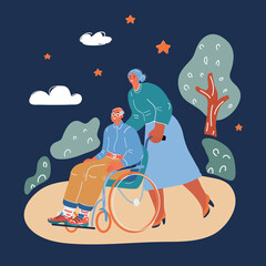 Vector illustration of caregiver walking with elderly man in wheelchair in the park over dark backround.