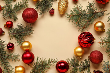 Fototapeta na wymiar Frame made of fir branches and Christmas balls on color background, closeup