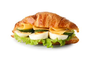 Delicious croissant sandwich with egg on white background