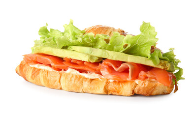 Delicious croissant sandwich with fish on white background