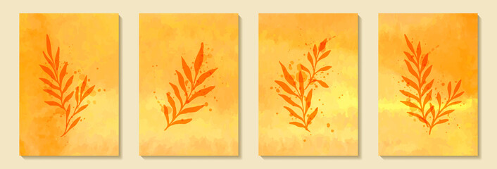 Fototapeta na wymiar Abstract art autumn watercolor orange and yellow background with doodle leaves. design background greeting cards and invitations seasonal autumn, fall holidays