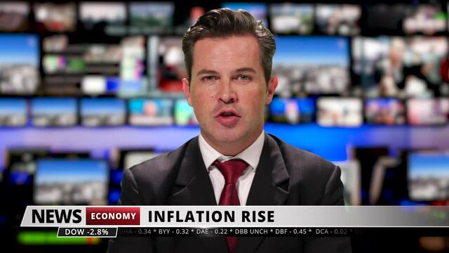 Male television anchor at news desk presenting business news, economic crisis, inflation, 