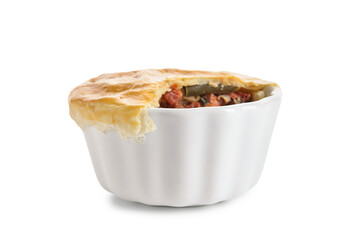 Tasty vegetable pot pie on white background
