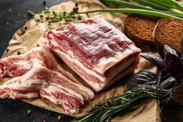Uncooked bacon with bread and herbs on black background