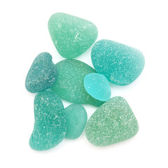 pieces of sea glass in different colors isolated on white background
