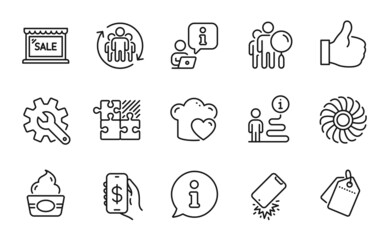 Business icons set. Included icon as Ice cream, Puzzle game, Teamwork signs. Sale, Fan engine, Search people symbols. Smartphone broken, Customisation, Love cooking. Like, Money app. Vector