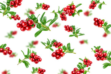 Falling cranberry, cowberry, lingonberry, isolated on white background, selective focus