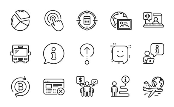 Technology icons set. Included icon as Smile, Refresh bitcoin, Swipe up signs. Teamwork, Web photo, Medical help symbols. International flight, Reject web, Pie chart. Bus, Click. Vector