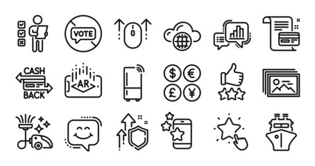 Rating stars, Cloud computing and Stop voting line icons set. Secure shield and Money currency exchange. Refrigerator, Best app and Graph chart icons. Vector