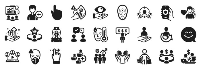 Set of People icons, such as Share, Video conference, Touchscreen gesture icons. Face biometrics, Meeting, Buyer signs. Presentation, Nurse, Hold t-shirt. Dirty mask, Man love, Add person. Vector
