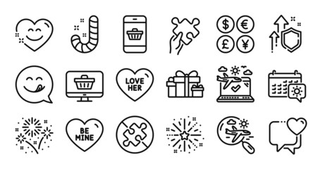 Search flight, Airplane travel and Fireworks explosion line icons set. Secure shield and Money currency exchange. Holiday presents, Travel calendar and Candy icons. Vector