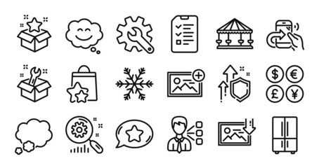 Fototapeta premium Download photo, Spanner and Refrigerator line icons set. Secure shield and Money currency exchange. Air conditioning, Favorite chat and Share call icons. Vector