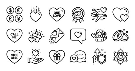 Heart, One love and Love letter line icons set. Secure shield and Money currency exchange. Honeymoon travel, Romantic gift and Hearts icons. Nice girl, Call me and Hold heart signs. Vector