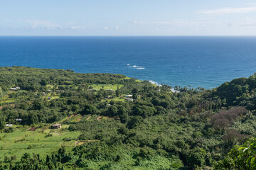 Fototapeta na wymiar Scenic aerial vista of a small coastal village near Hana on the east side of Maui, Hawaii