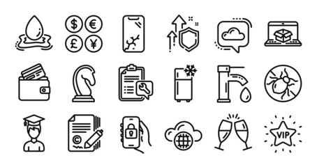 Tap water, Student and Cloud computing line icons set. Secure shield and Money currency exchange. Vip star, Water splash and Champagne glasses icons. Vector