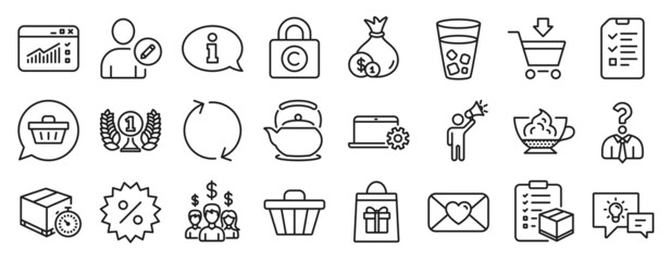 Set of line icons, such as Interview, Delivery timer, Hiring employees icons. Shop cart, Salary employees, Espresso cream signs. Shopping cart, Copyright locker, Ice tea. Teapot, Edit user. Vector